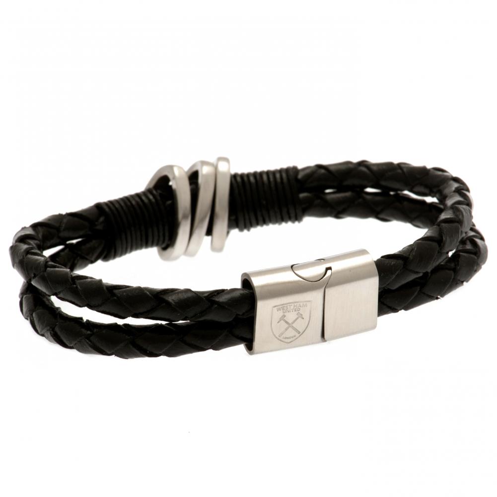 West Ham United FC black twin rope leather bracelet with a stainless steel magnetic clasp and crest