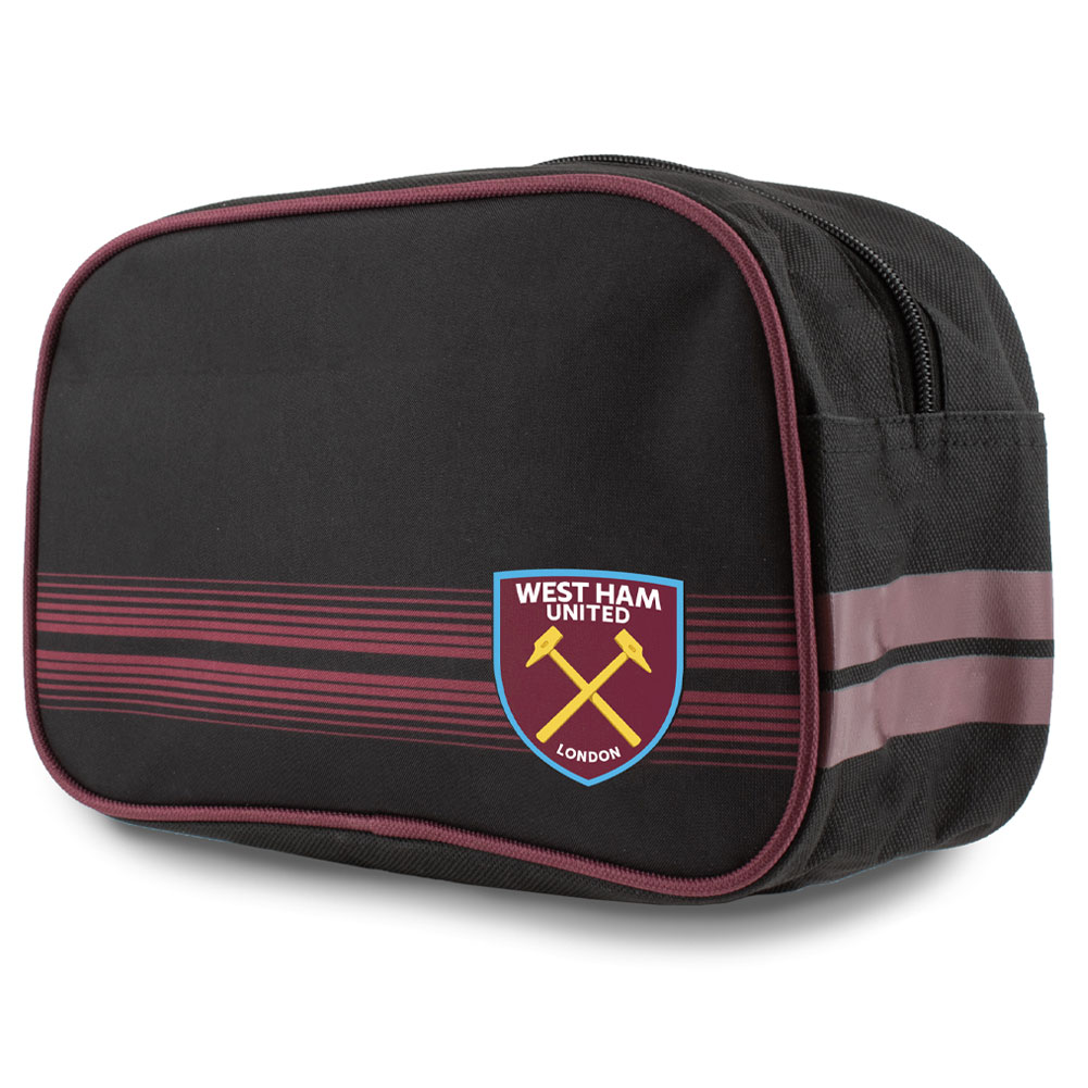 Striped West Ham United toiletry wash bag with a club crest and rubber zip pulls with raised Hammers detail