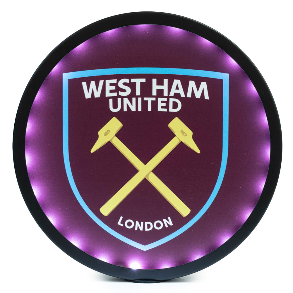 West Ham United FC metal LED logo sign with white lights, a claret background and the Hammers crest