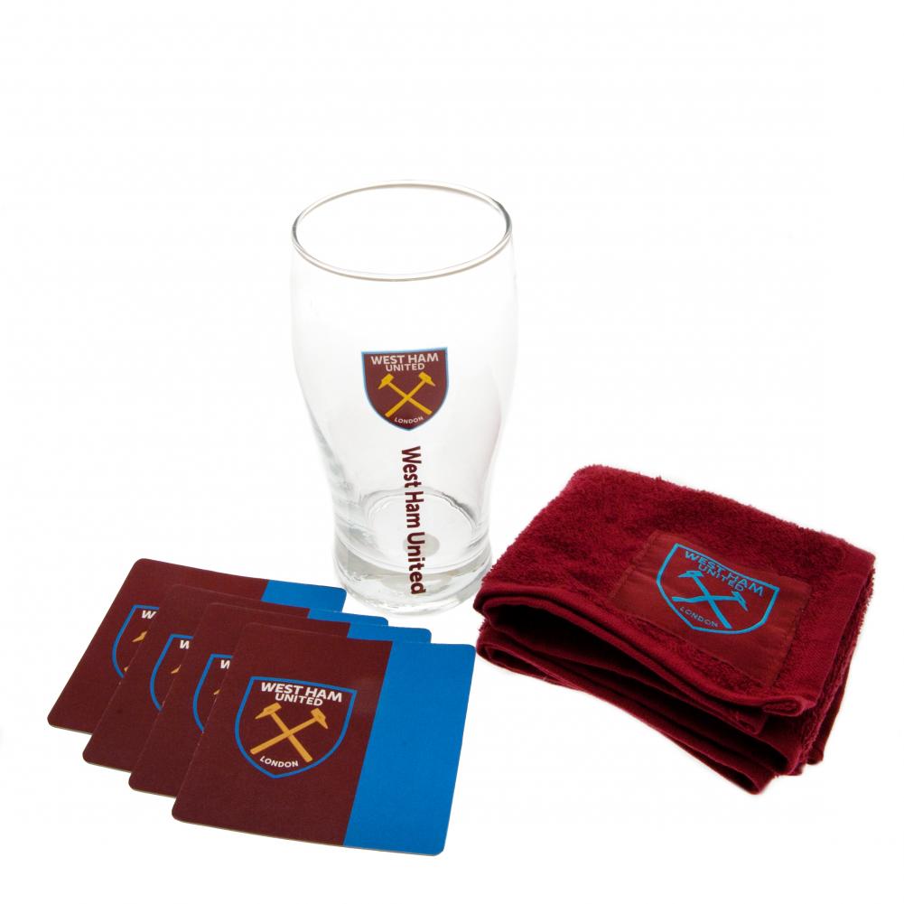 West Ham United FC mini bar set with a claret text tulip pint glass, claret bar towel and four beer mats