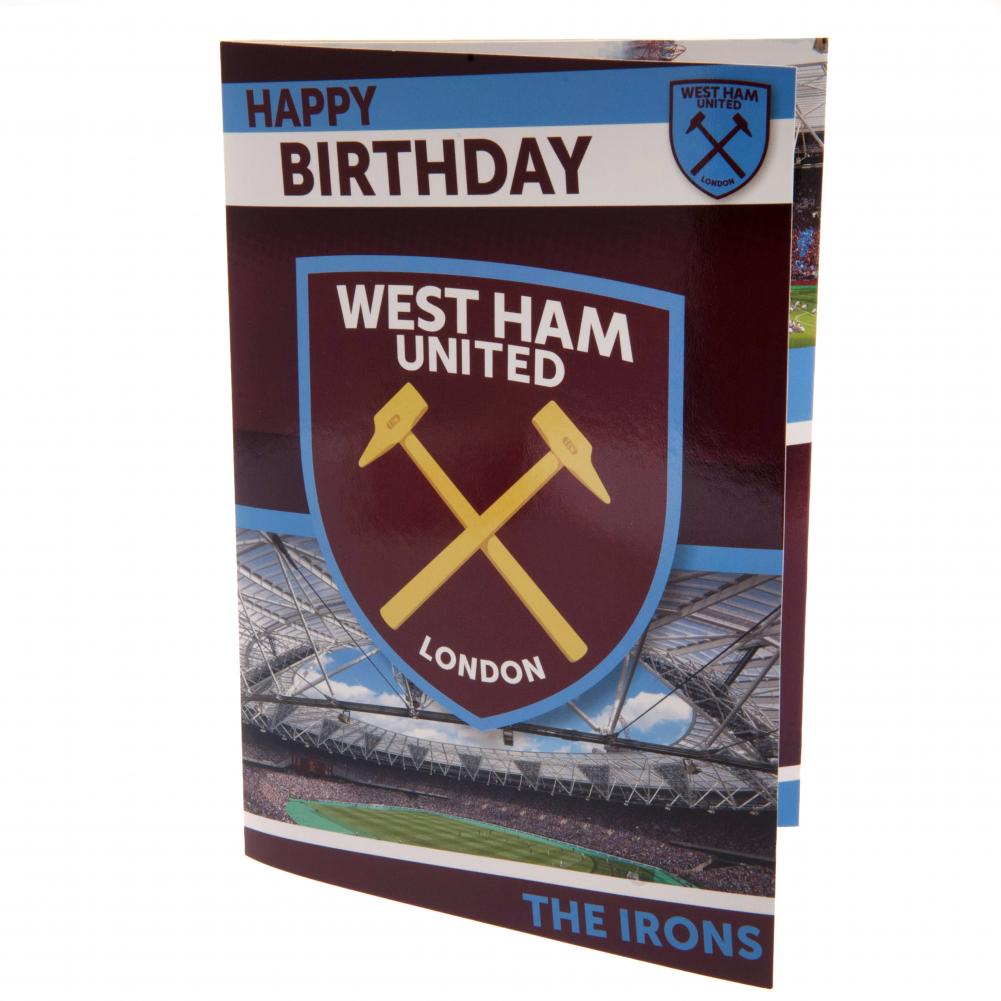 West Ham United FC claret and blue gloss musical birthday card with a large West Ham crest