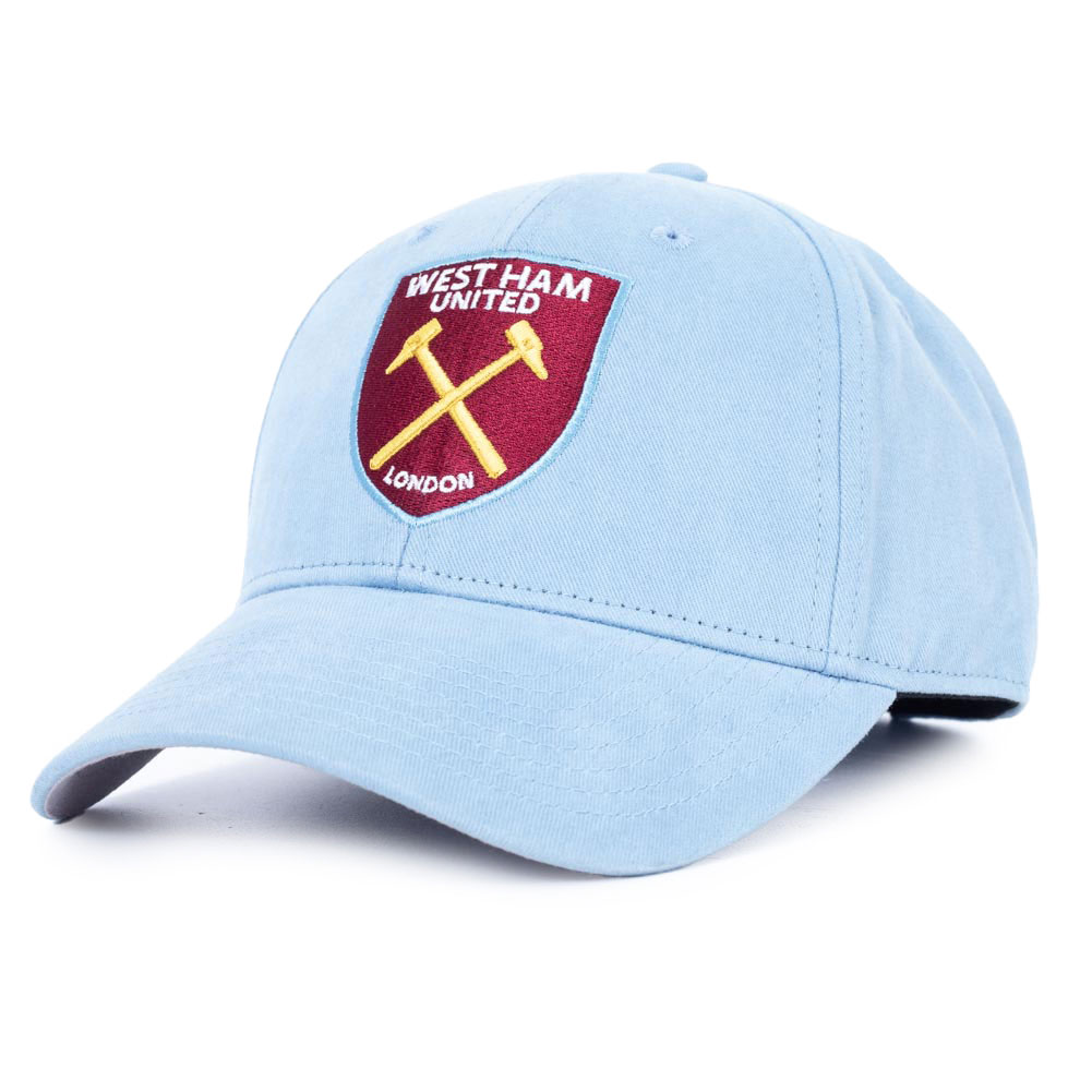 West Ham United FC sky blue classic curved brim cap with a full colour Hammers crest in raised embroidery