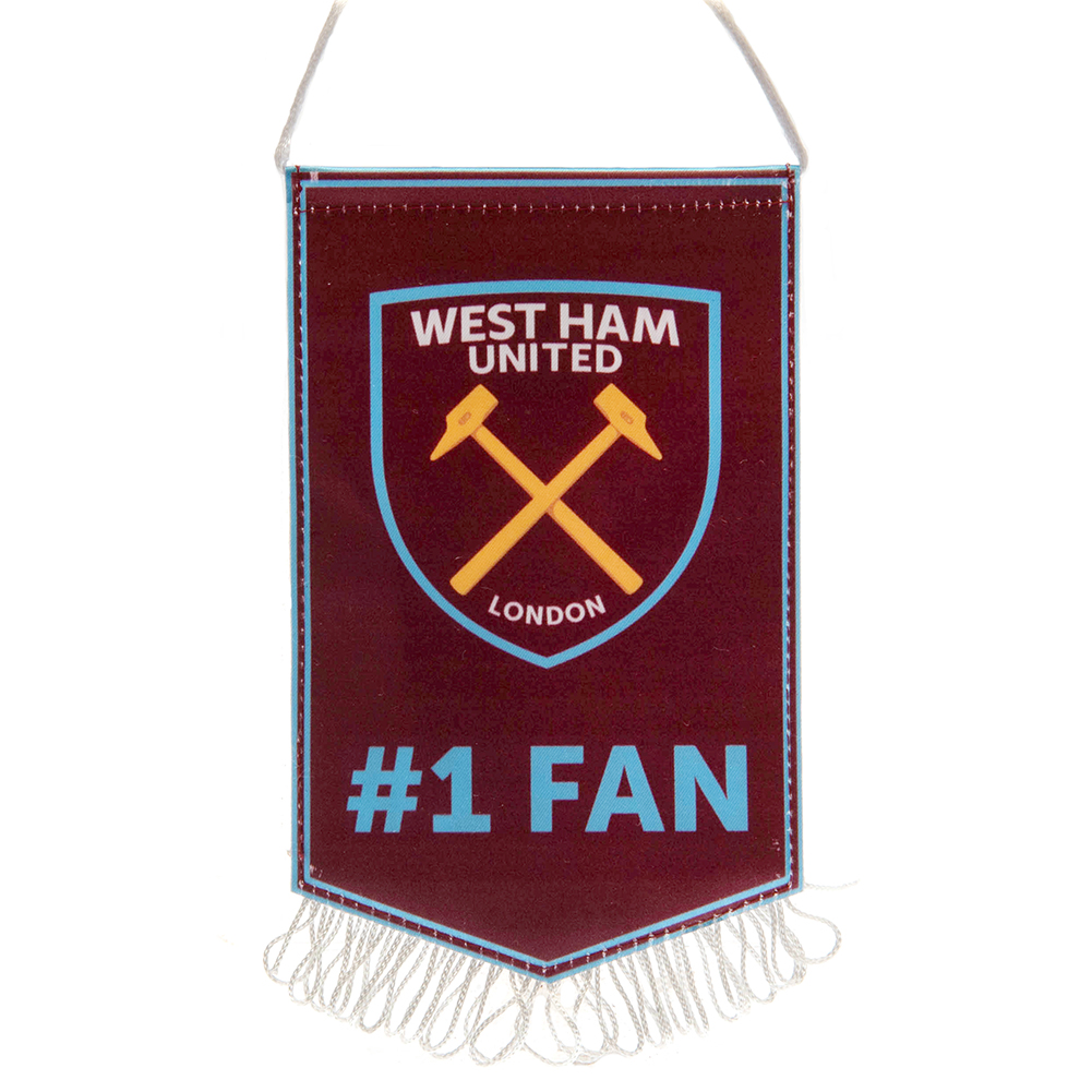 West Ham United satin look #1 fan mini pennant with the Irons logo on a claret background and white tassels
