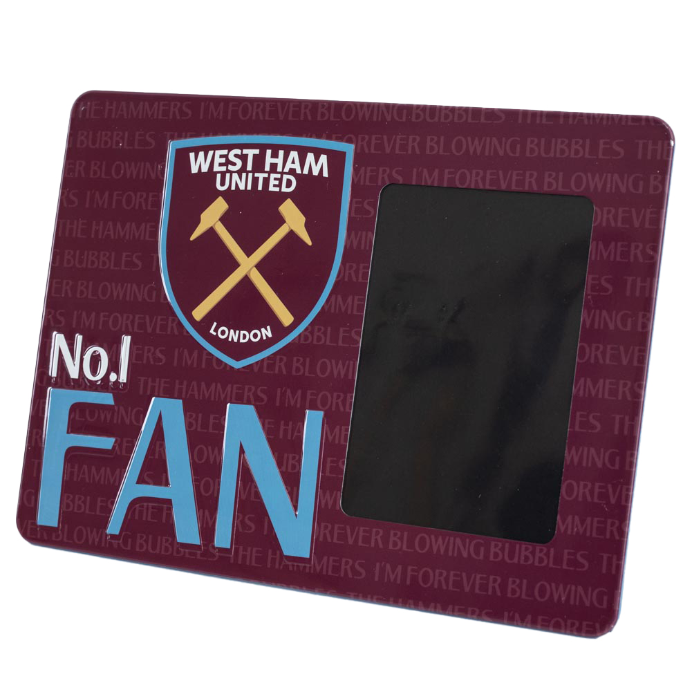 West Ham United FC metal photo frame sign with the crest, No.1 FAN text and a portrait photo area on the right
