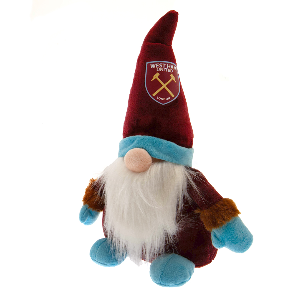West Ham United FC claret and blue plush Gonk with a large beard, a round nose and a Hammers crest on its hat