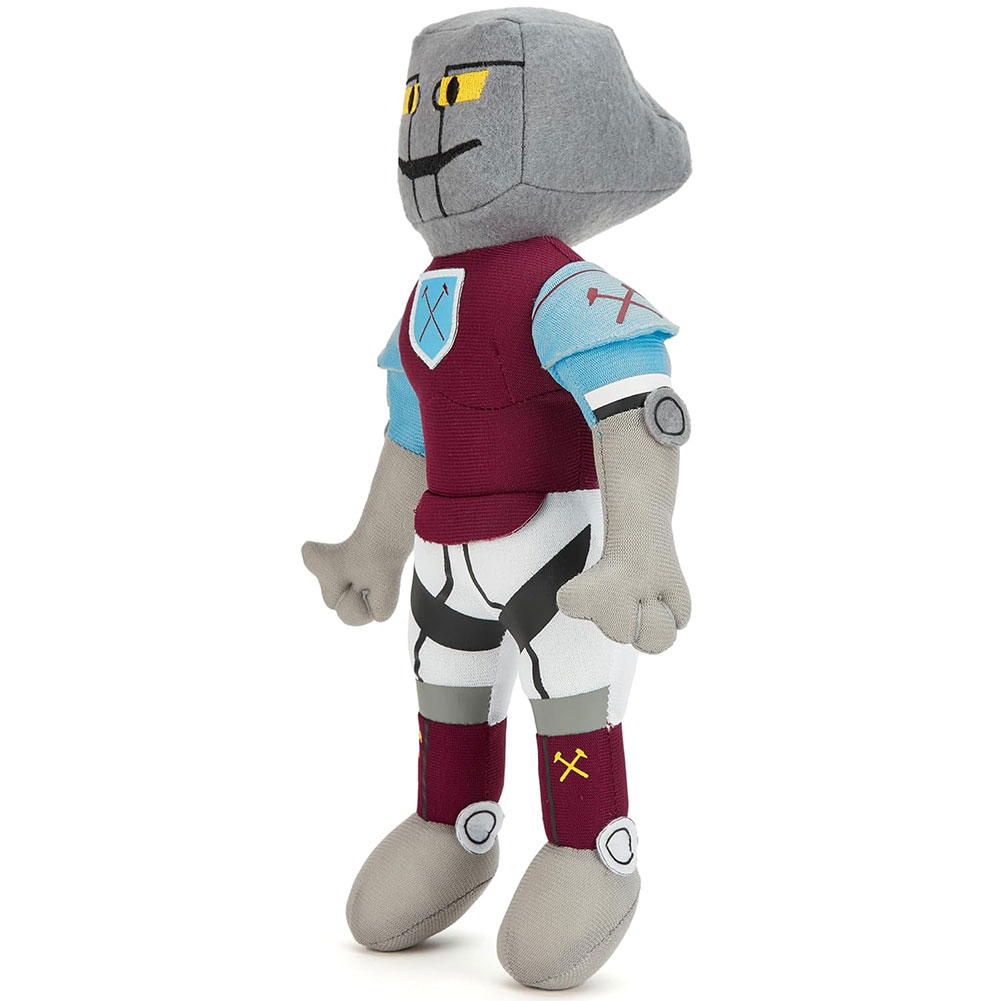 West Ham United FC plush Hammer Head mascot in claret, sky blue and white with the irons crest on its chest