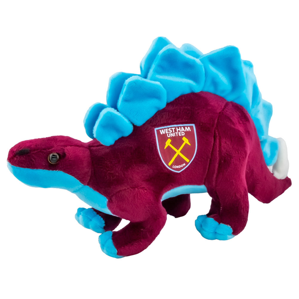 Claret and blue West Ham United FC plush Stegosaurus with the Hammers crest on its side