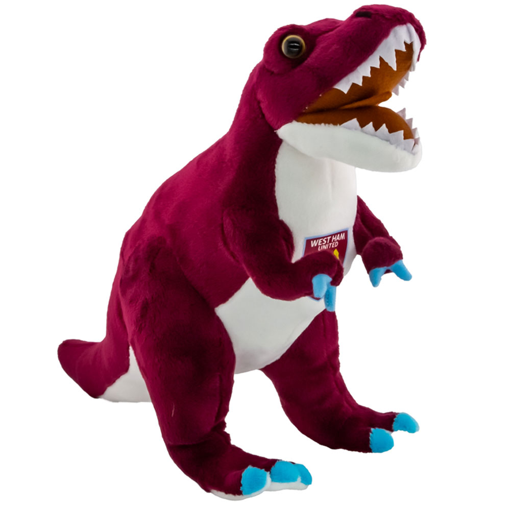 Claret, blue and white West Ham United FC plush T-Rex standing with the Hammers crest on its chest