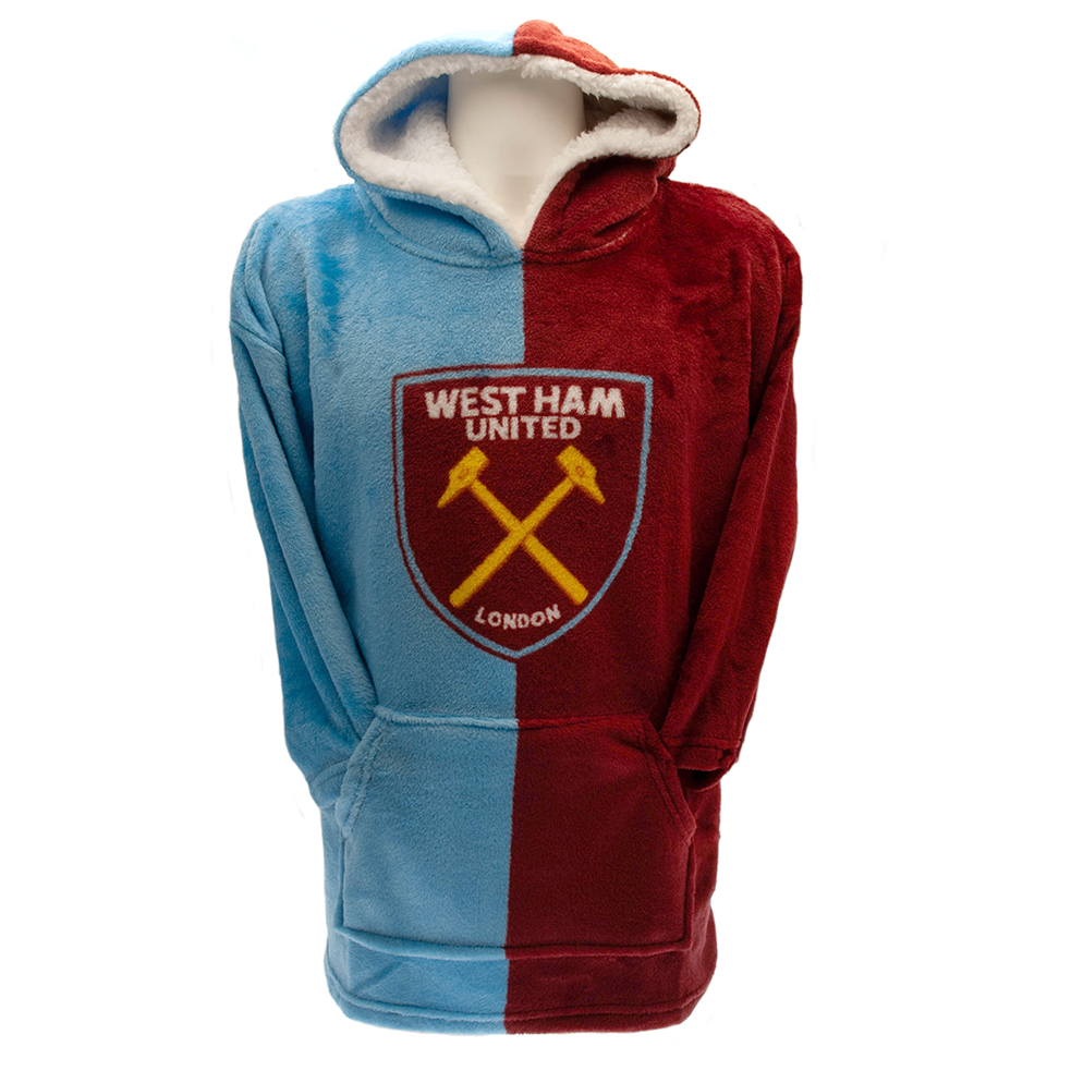 West Ham United FC kids claret and sky blue fleece poncho blanket with a full colour crest and a hood