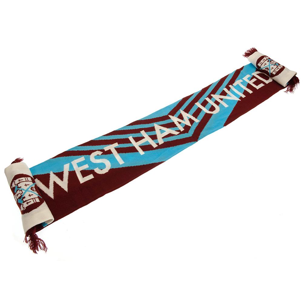 West Ham United FC claret, blue and white retro jacquard knit scarf inspired by the 1976 kit with woven crest