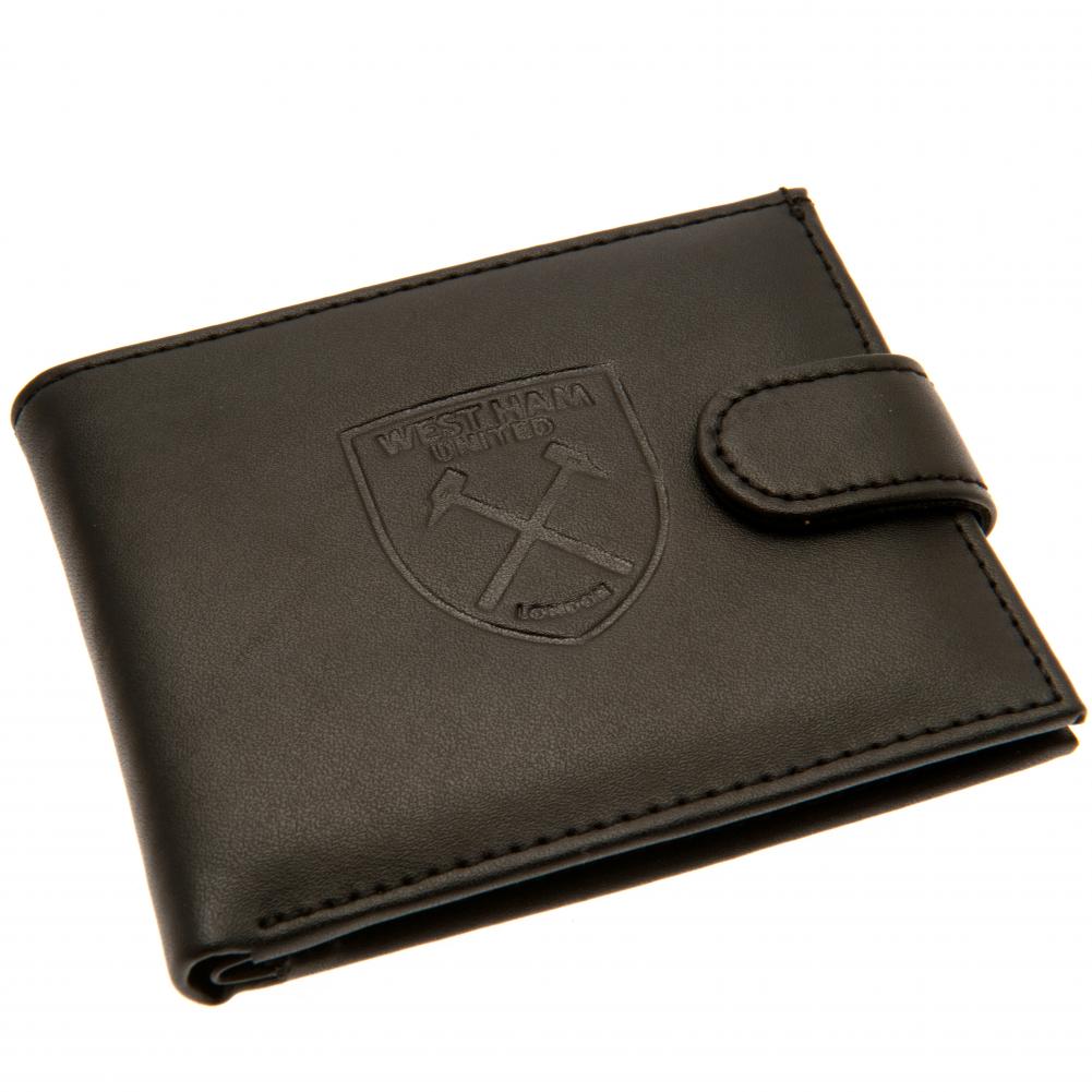 Black West Ham United FC leather wallet with a large debossed club crest and stud fastener