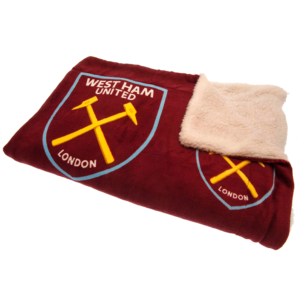 West Ham United FC claret blanket with repeated Hammers crests and a white sherpa fleece reverse