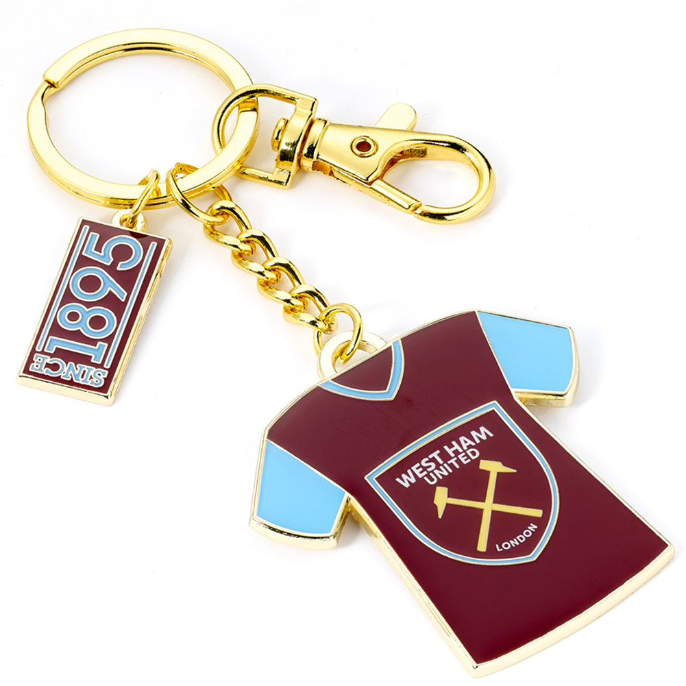 West Ham United FC gold style charm keyring with a home shirt charm and an established charm with crest