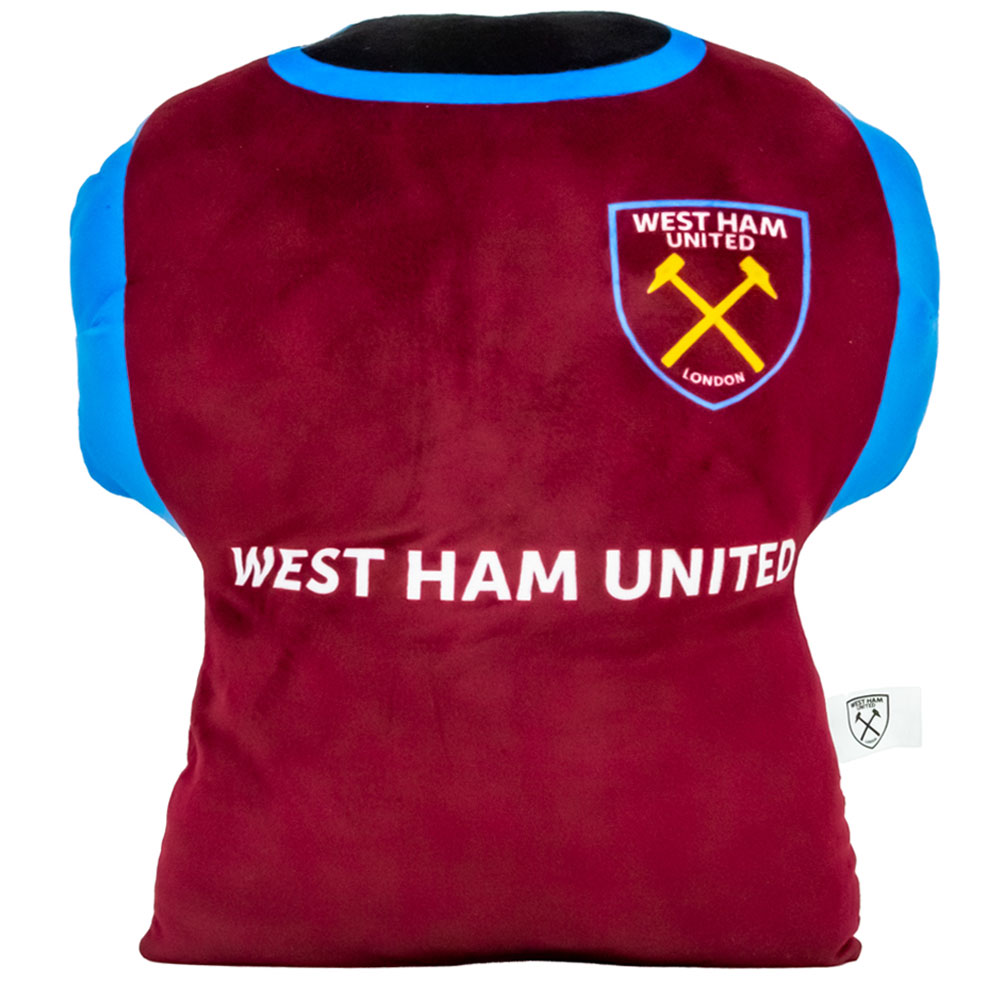 Claret and sky blue West Ham United FC shirt shaped cushion with a soft velvety plush feel