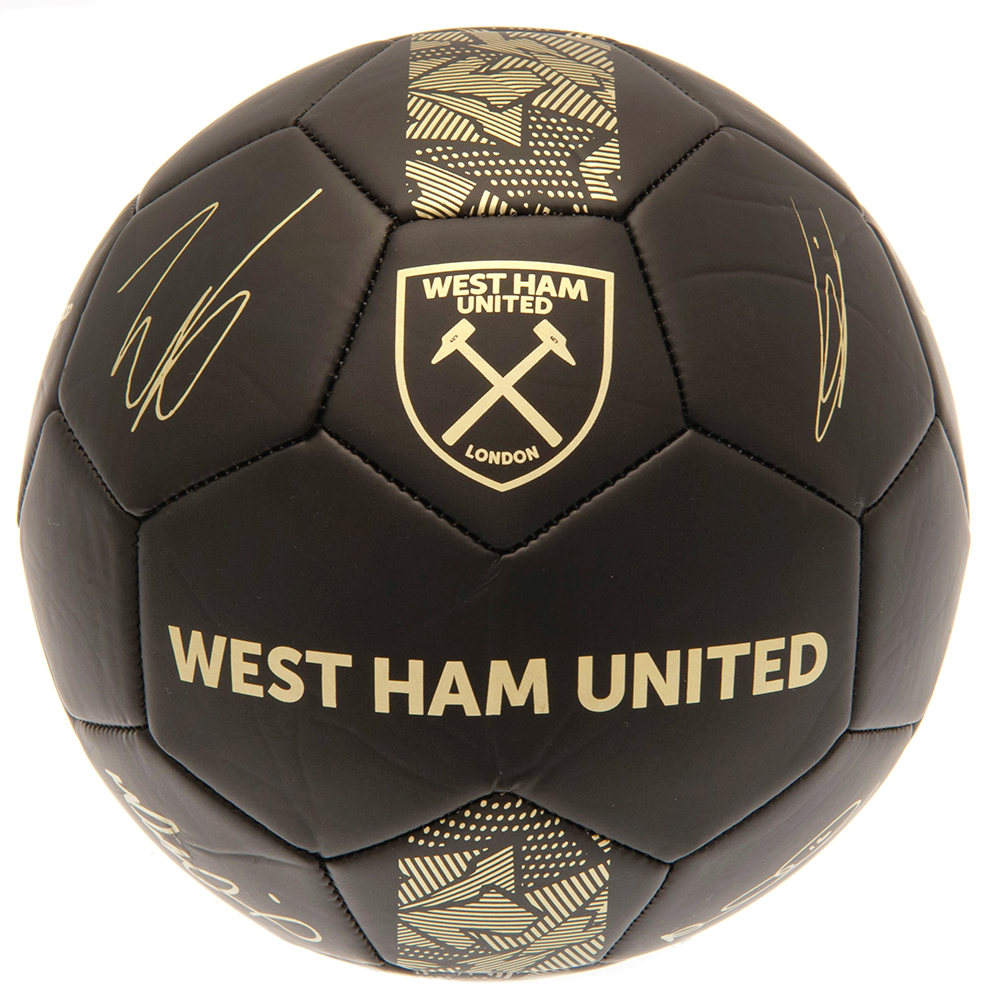 West Ham United FC matte black football with a gold printed Hammers crest and player signature prints
