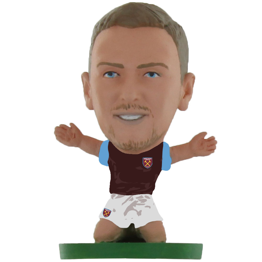 Jarrod Bowen SoccerStarz figure in the classic West Ham home kit on a green base