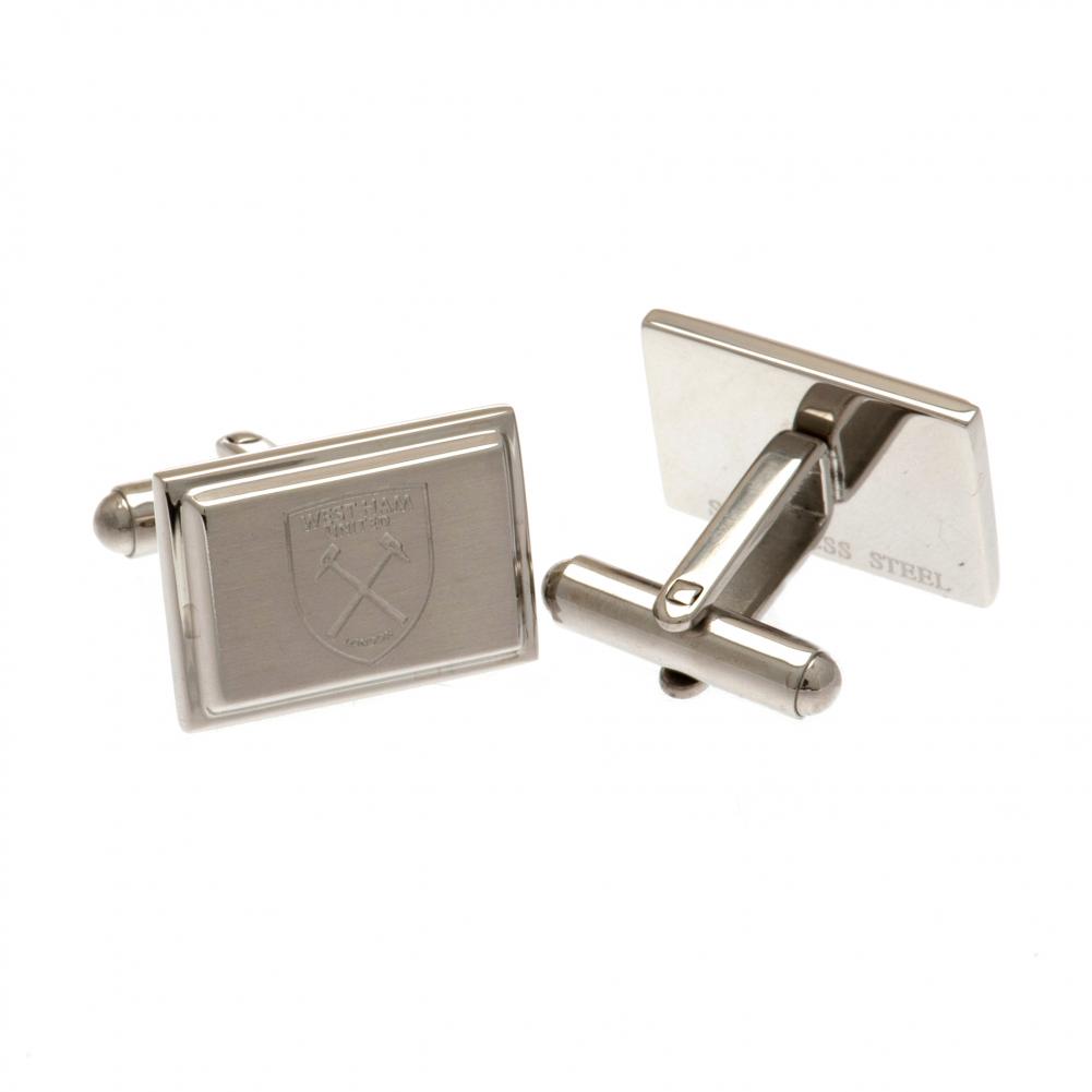 Pair of West Ham United FC stainless steel brushed satin rectangular cufflinks engraved with the crest