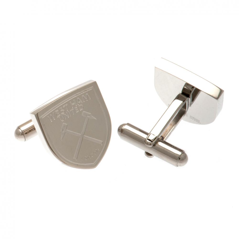 Pair of West Ham United FC stainless steel chrome crest shaped cufflinks with a formed Hammers crest