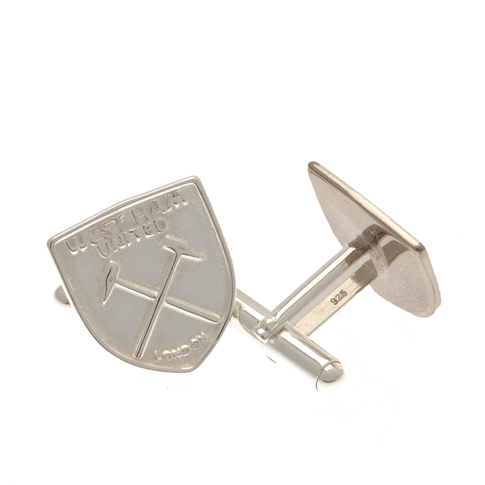 West Ham United FC crest-shaped sterling silver cufflinks with a detailed Hammers crest