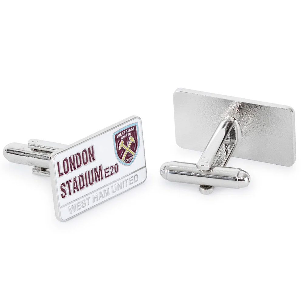 West Ham United FC rectangular silver plated cufflinks with a street sign design