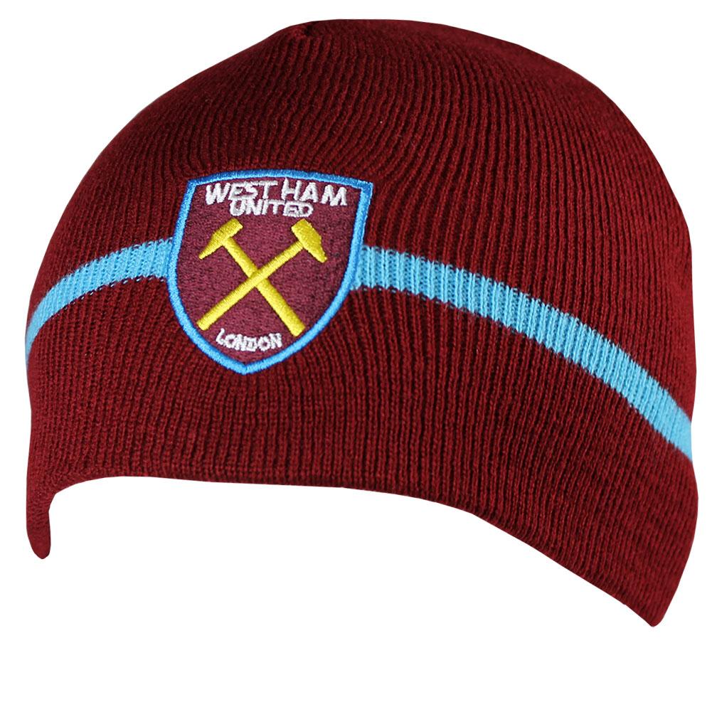 West Ham United FC claret dome style knitted beanie with a sky blue stripe and full colour embroidered crest