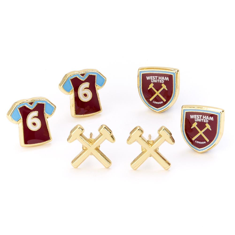 West Ham United FC set of three gold finish stud earrings in a display packet