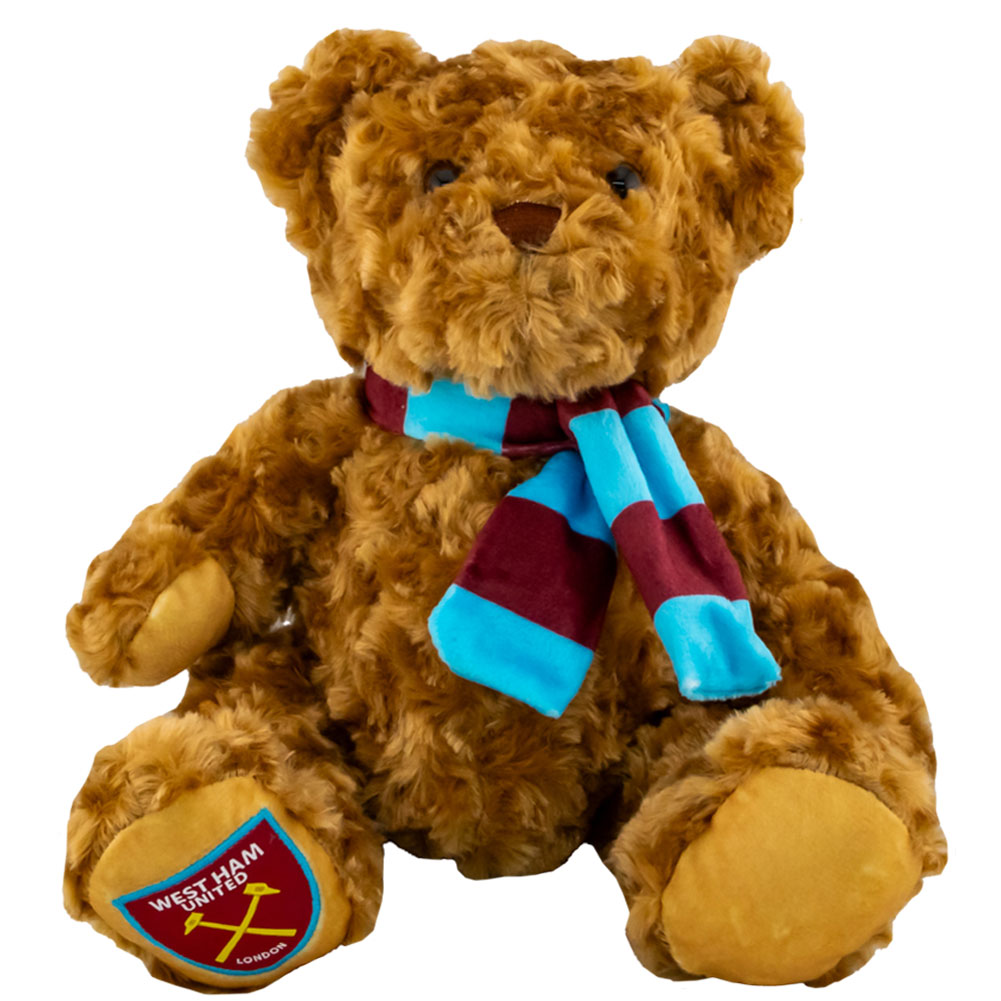 West Ham United FC supersoft plush bear sitting with beaded eyes and a blue and claret scarf, crest on its paw