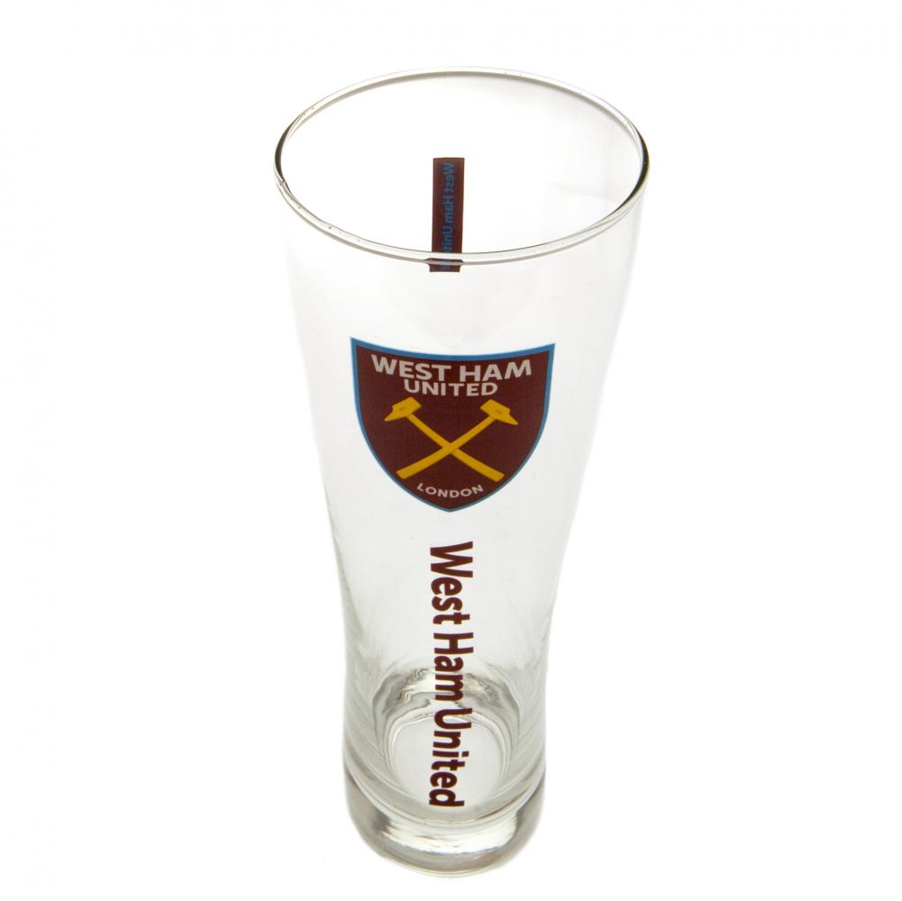 West Ham United FC tall slim pilsner style pint glass with claret text and a full colour club crest