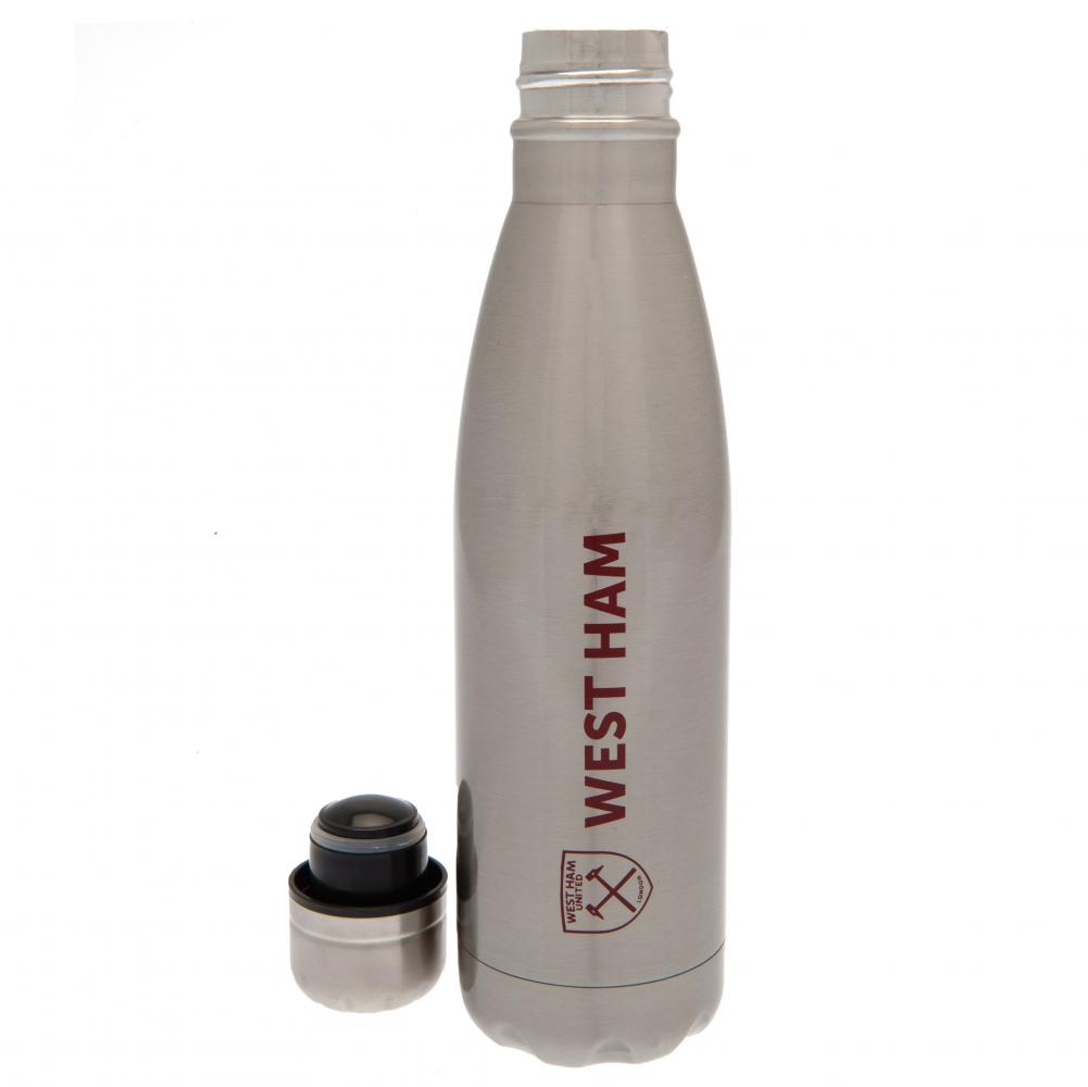 Silver metallic West Ham United FC stainless steel thermal flask with a claret crest and West Ham text