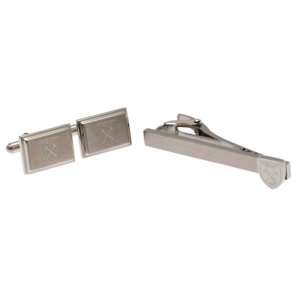 West Ham United FC stainless steel tie slide and satin finish cufflinks set with the Hammers crest