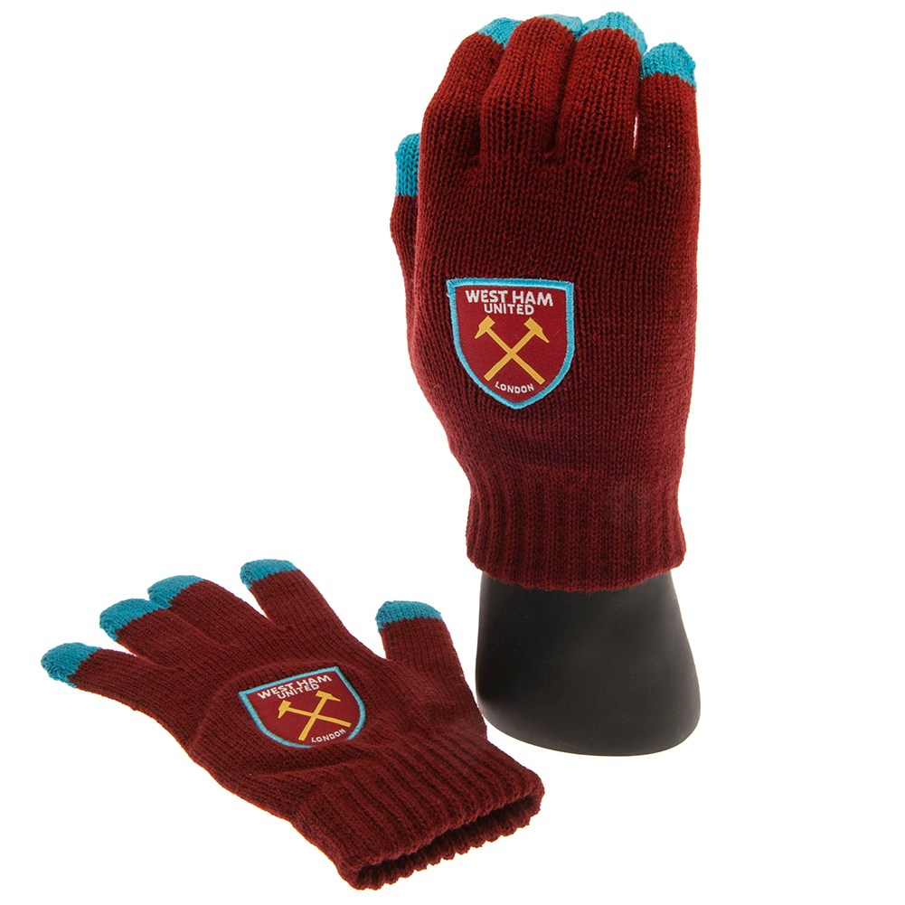 West Ham United FC claret knitted touchscreen gloves with sky blue fingertips and a full colour Hammers crest