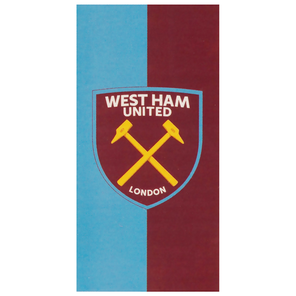 West Ham United FC cotton velour beach towel with a large hammers crest on sky blue and claret
