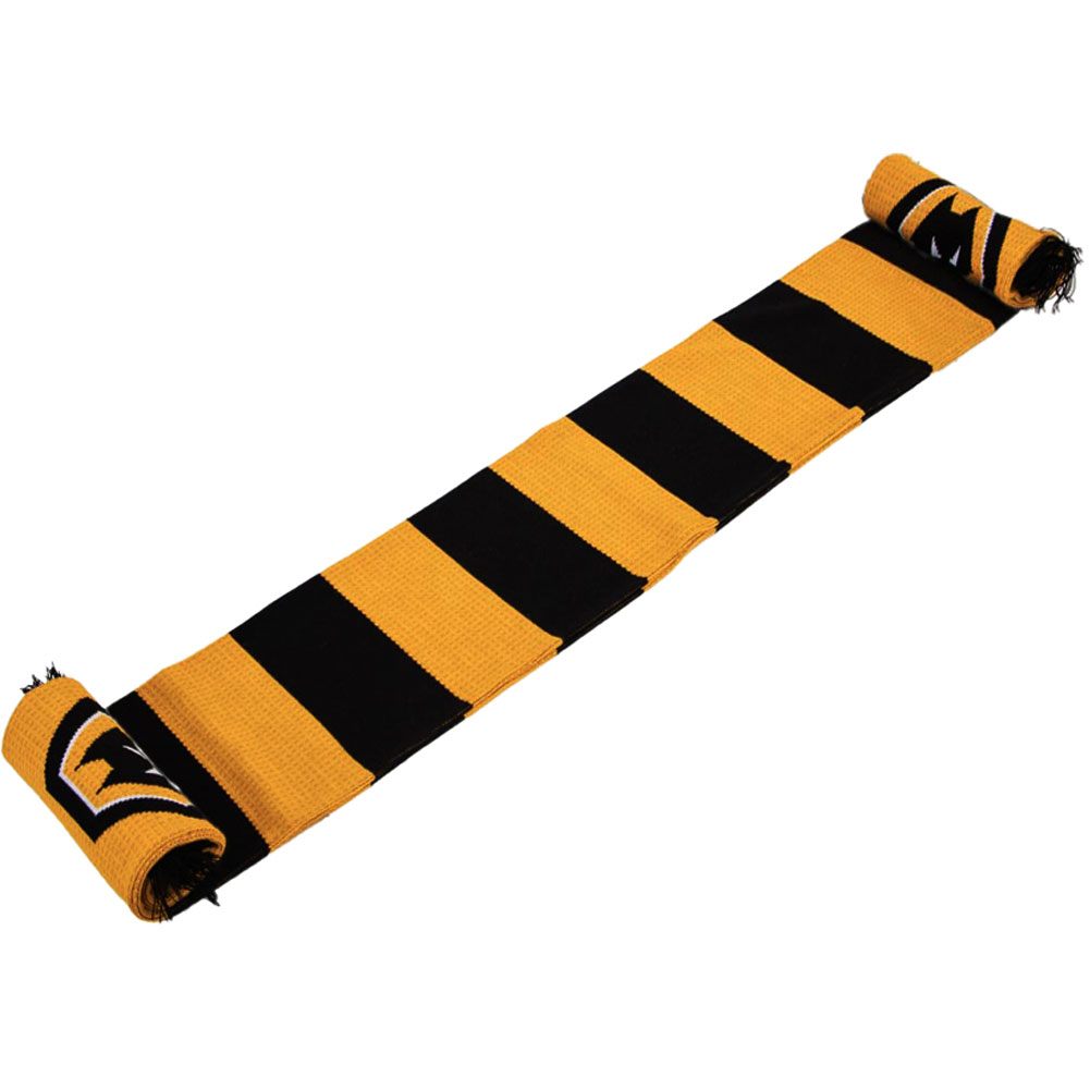 Wolverhampton Wanderers FC black and gold bar stripe jacquard knit scarf with fringe and large Wolves crest