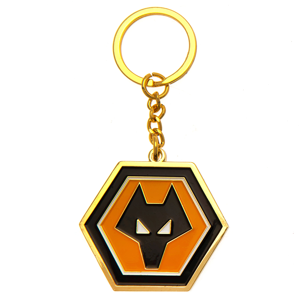 Wolverhampton Wanderers FC crest shaped metal keyring with full colour enamel infill and a gold style finish
