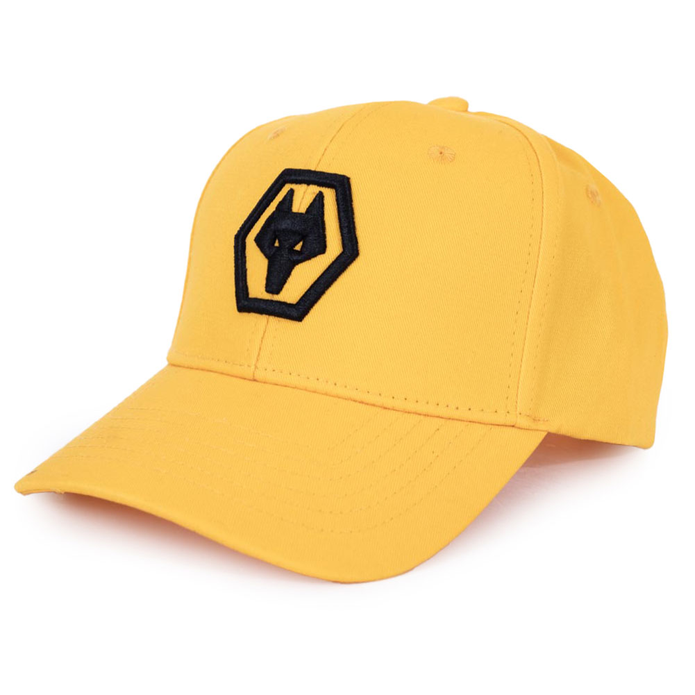 Wolverhampton Wanderers FC home colour curved brim cap with a vibrant woven Wolves logo on the front