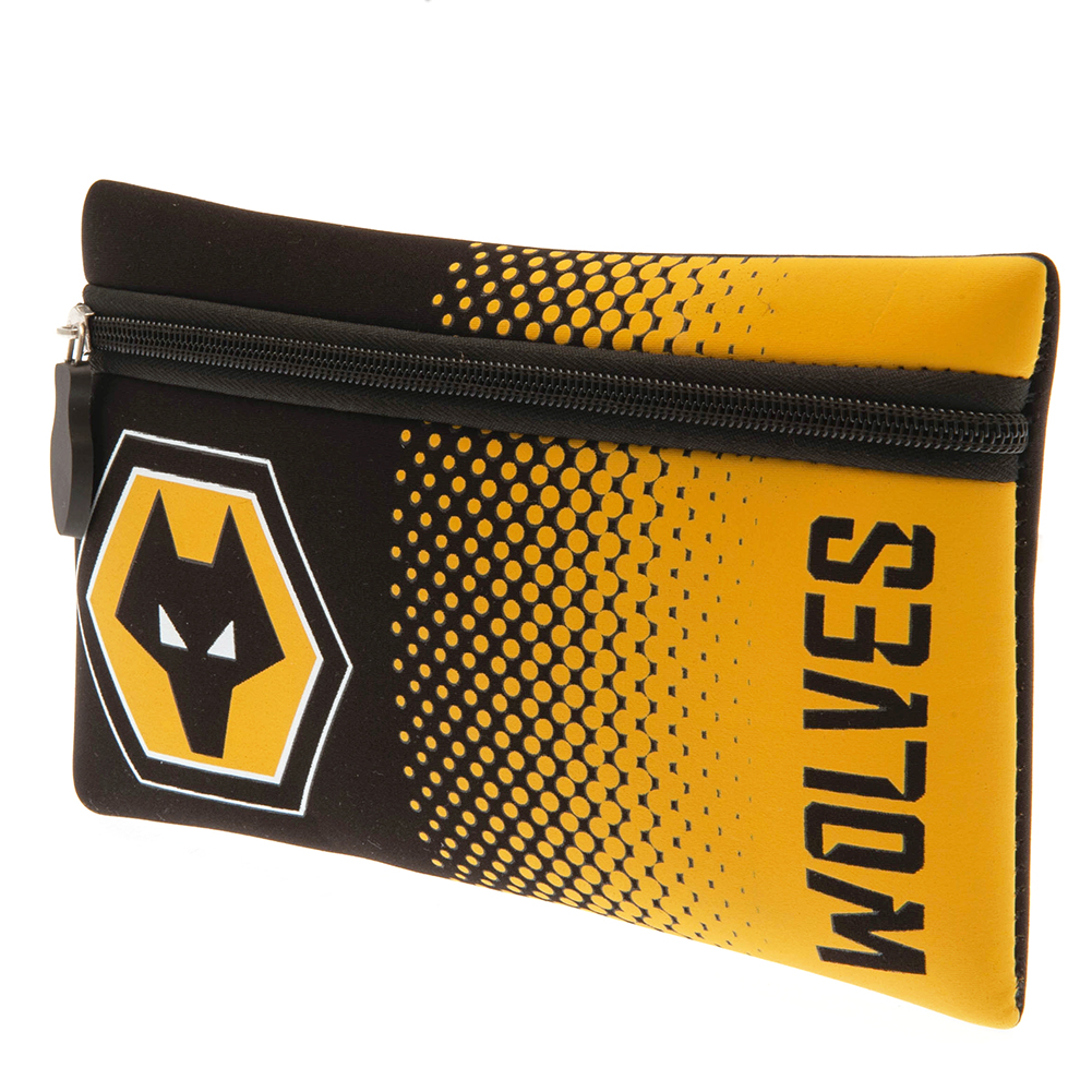 Wolverhampton Wanderers FC neoprene zipped pencil case with a full colour Wolves crest on a yellow and black fade
