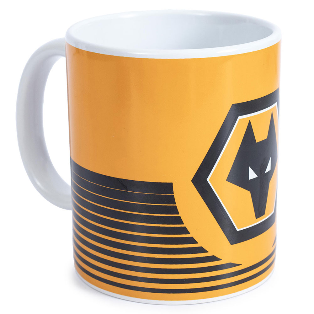 Wolverhampton Wanderers ceramic mug with a linear design, a full colour Wolves club crest and a white handle