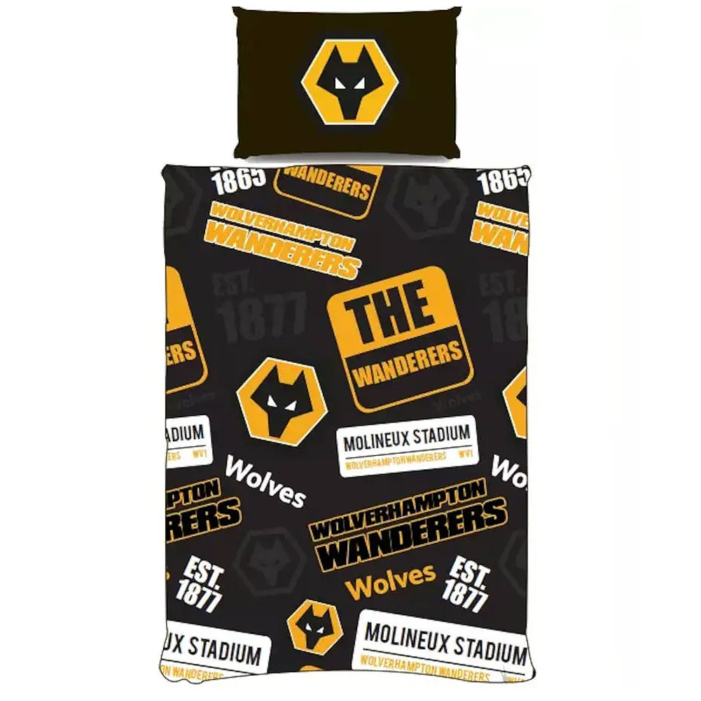 Wolverhampton Wanderers FC patch design single duvet cover with a central crest and a Wolves crest pillowcase
