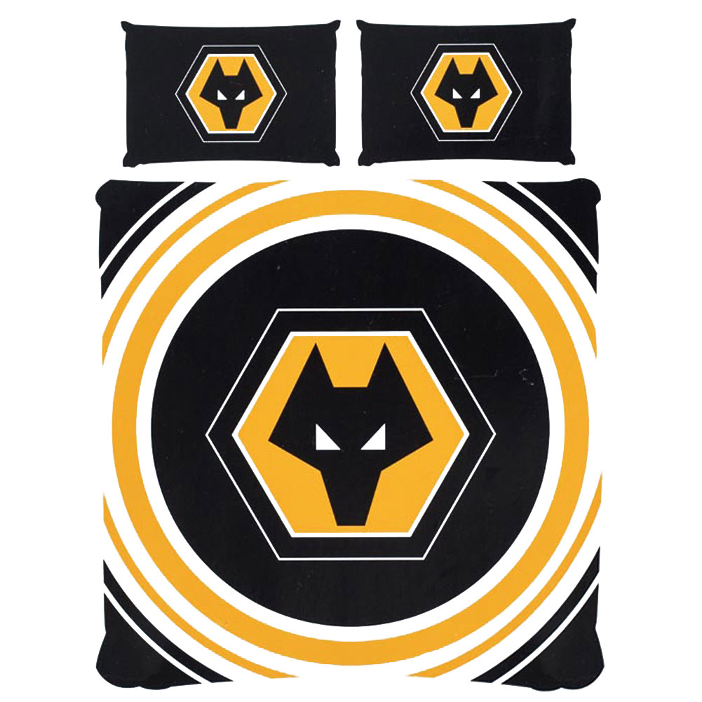 Wolverhampton Wanderers FC pulse design double duvet cover with a large central crest and Wolves crest pillowcases