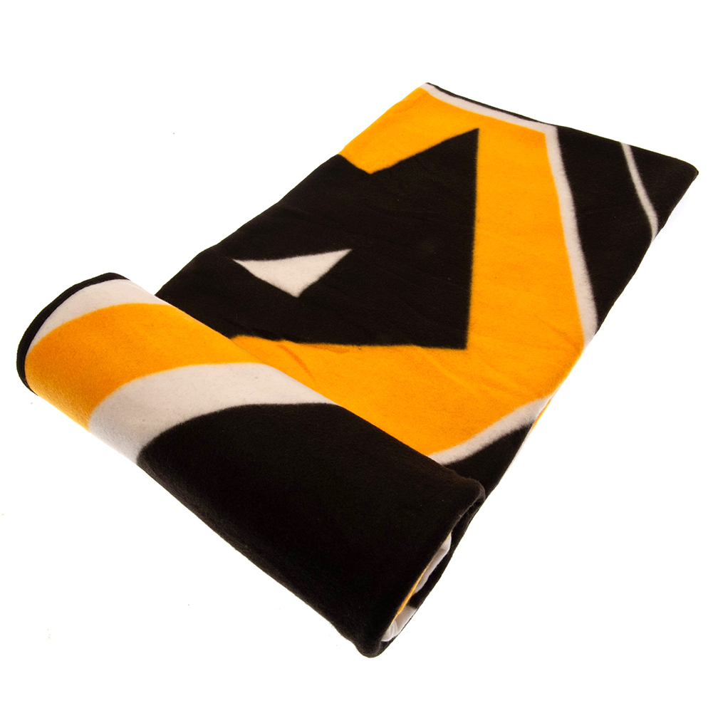 Wolverhampton Wanderers FC black and white pulse design fleece blanket with a large full colour Wolves crest