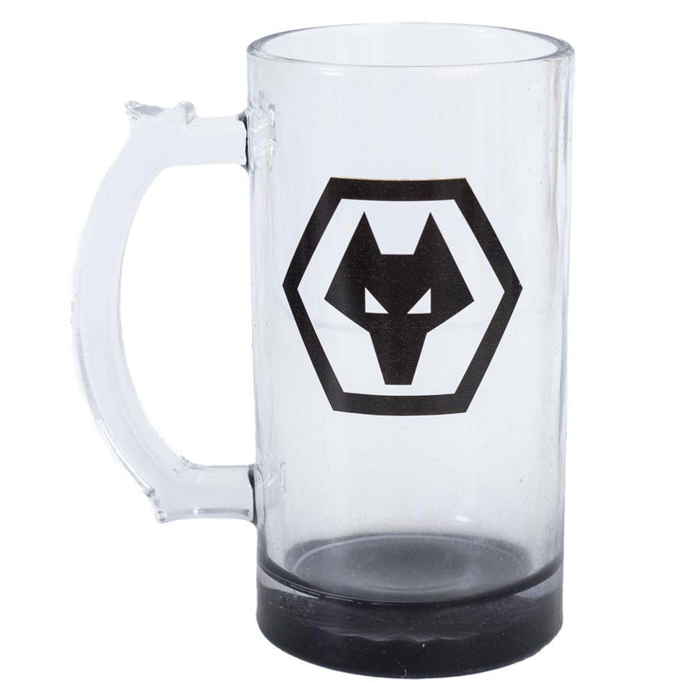 Wolverhampton Wanderers FC glass stein tankard with a black base and the Wolves club crest