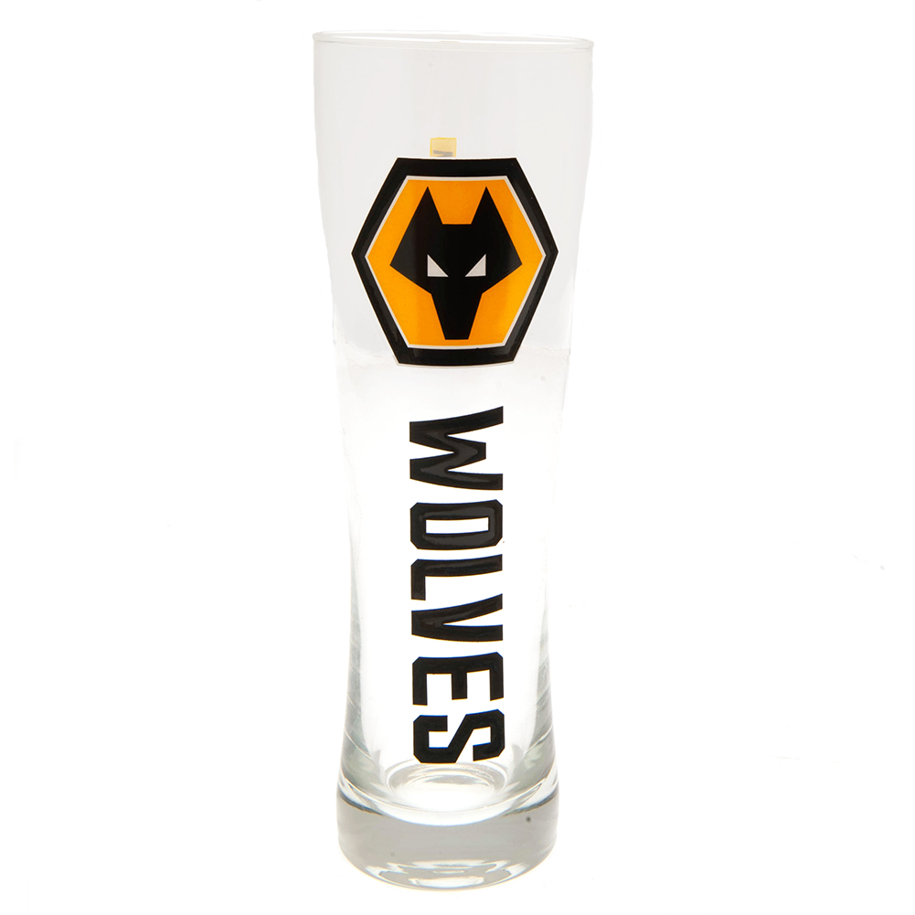 Wolverhampton Wanderers FC tall slim pilsner style pint glass with black Wolves text and a full colour crest