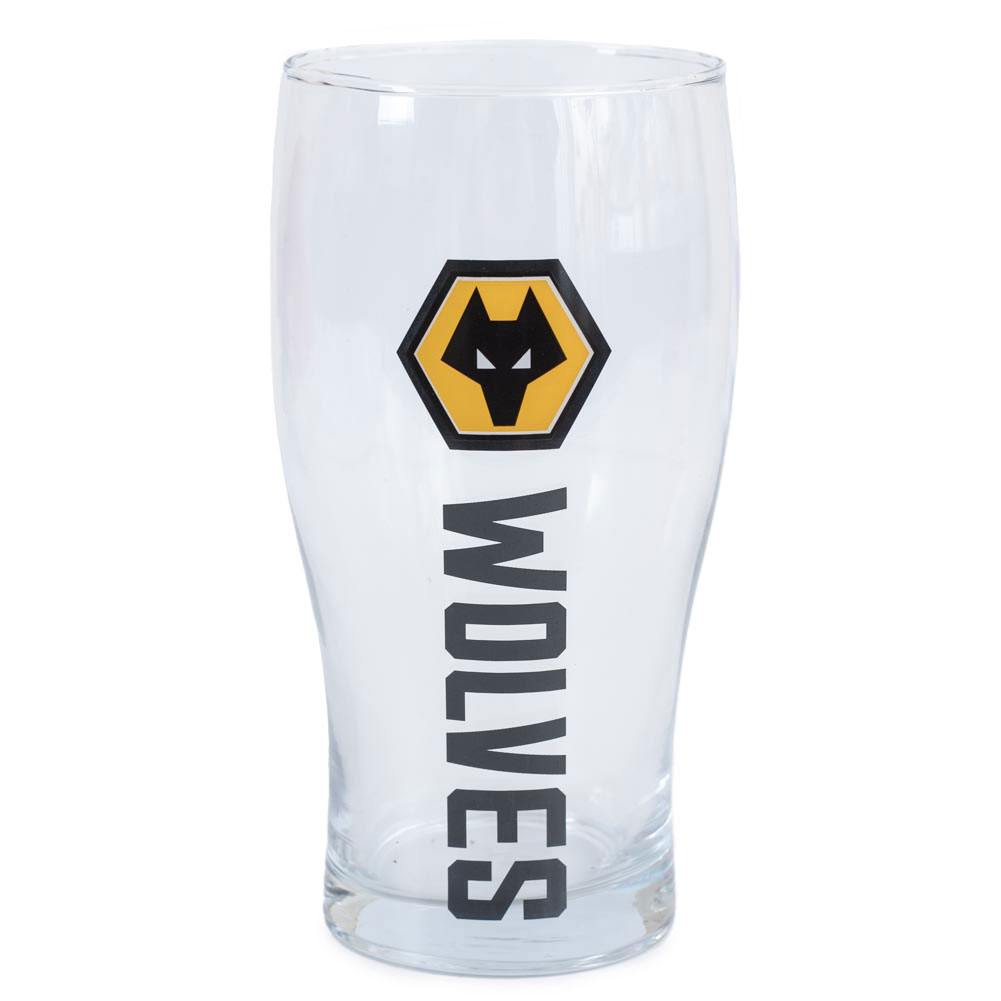 Wolverhampton Wanderers FC tulip style pint glass with black Wolves text and a full colour club crest