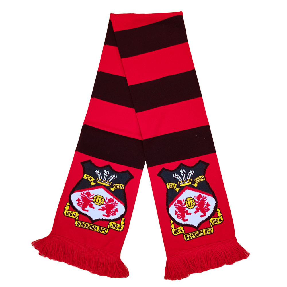 Wrexham AFC red and black bar stripe jacquard knit scarf with red fringe and large club crest